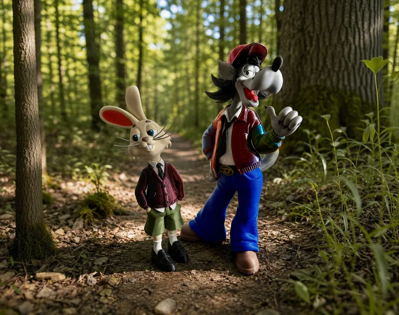 Zwei gedruckte Figuren auf einem Waldweg – links ein Hase im burgunderroten Strickcardigan mit Krawatte und kurzer Hose, rechts ein deutlich größerer Wolf in roter Bomberjacke, blauer Jeans und roter Schirmmütze