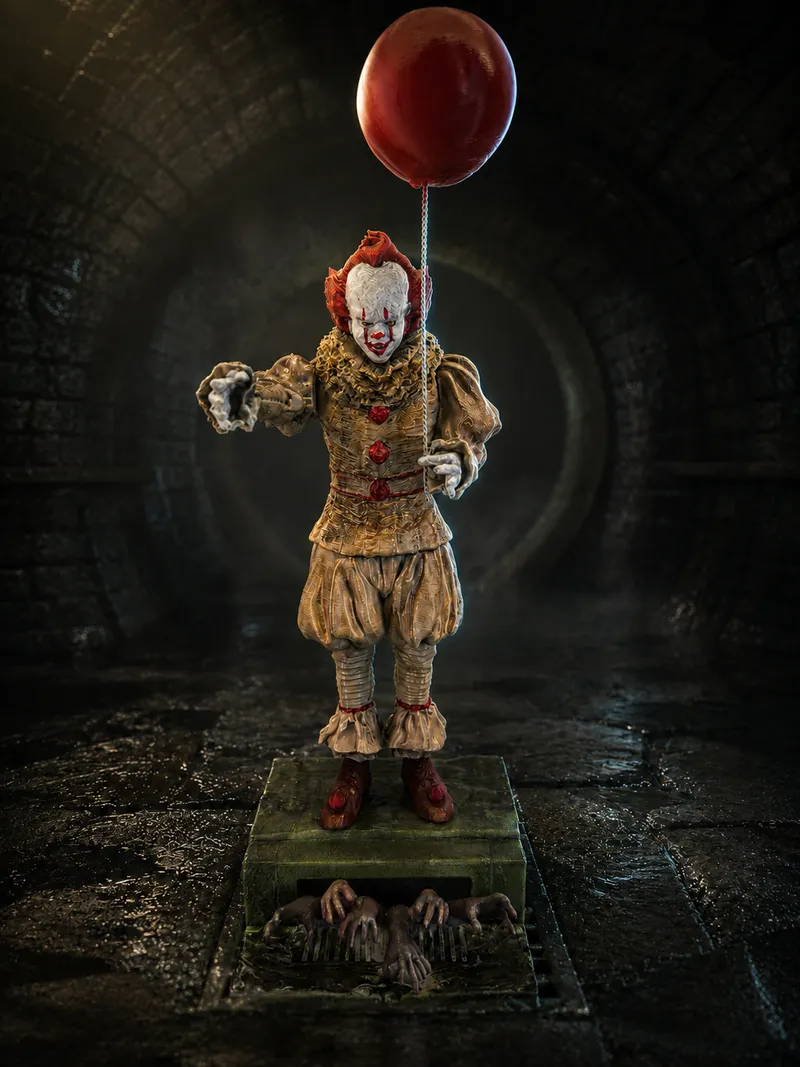Fertig bemalte Pennywise-Figur aus PLA mit rotem Ballon in einer düsteren Kanalisation.